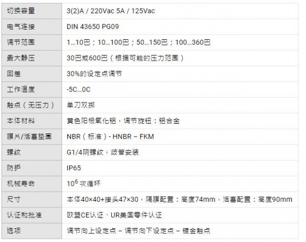 ELETTROTEC 带刻度旋钮的可调式压力控制器PSK系列