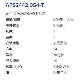 ABRACON SAW滤波器AFS2442.0S4-T系列